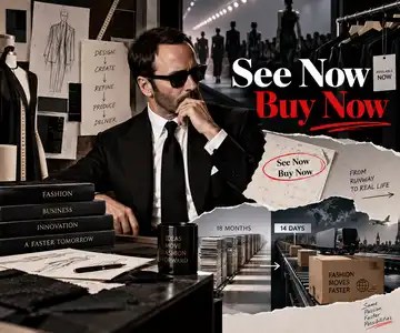 Illustration comparing Tom Ford's See Now Buy Now concept: 18 months versus 14 days production cycle